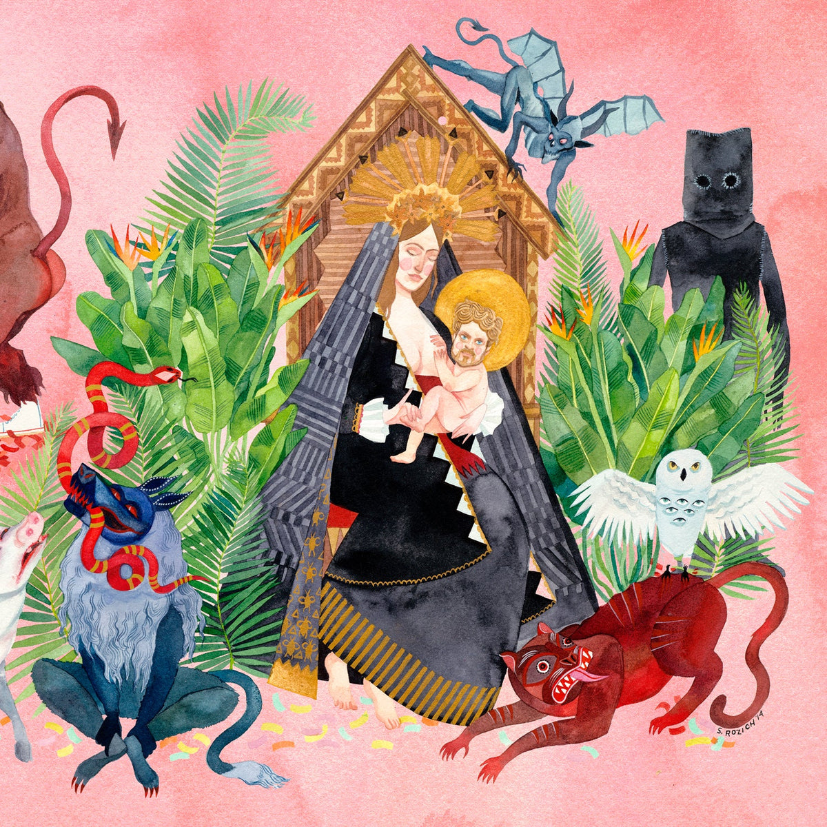 Watercolor album cover depicting a Madonna and child with fantastical creatures.