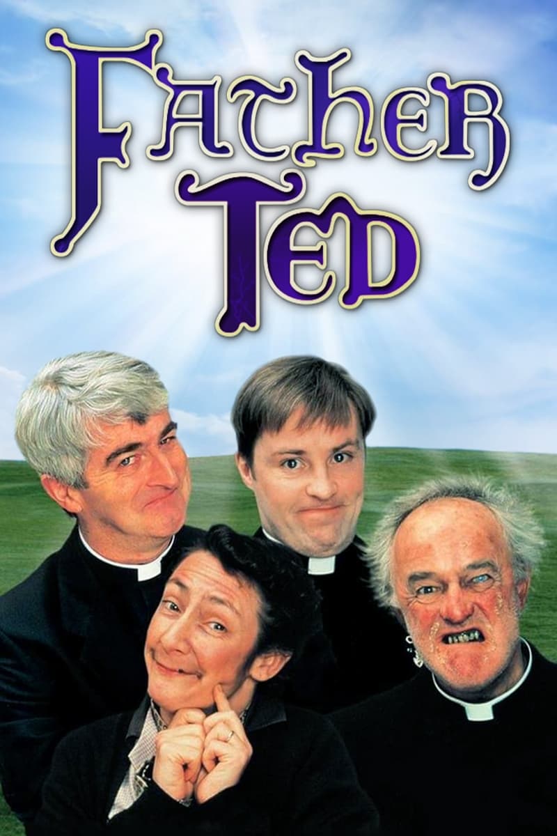 “Father Ted” cover featuring four priests against a green field.