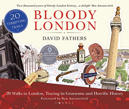 Book cover: “Bloody London” with illustrations of historical crime scenes.
