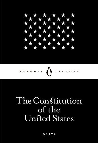 Black book cover with white stars, Penguin logo, and title "The Constitution of the United States".