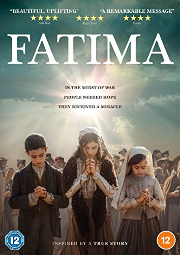 DVD cover for “Fatima” depicting three children in prayer, inspired by a true story.