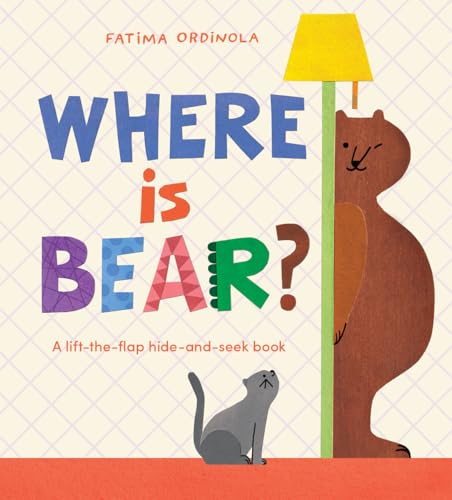 Book cover with illustrated bear partially hidden behind a lamp and cat.