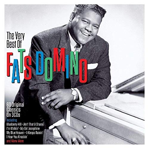 Black and white portrait of Fats Domino leaning on a piano with colorful text.