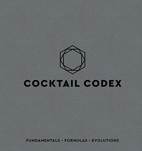 Book cover with a grey background, geometric hexagon logo, and Cocktail Codex title text.