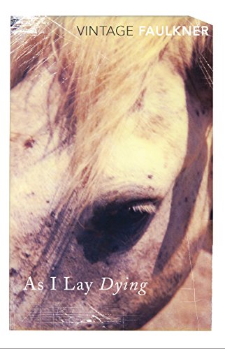 "Book cover with a close-up of a horse's face, titled 'As I Lay Dying'."