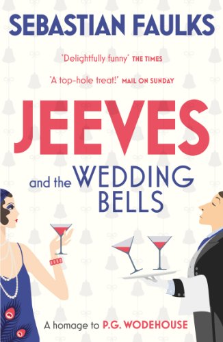 Book cover: "Jeeves and the Wedding Bells" with illustrated figures and cocktails.