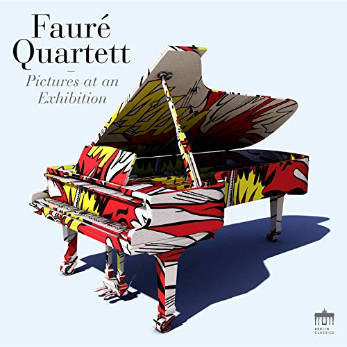 "Album cover with abstract, colorful piano illustration and 'Fauré Quartett' text on light background."
