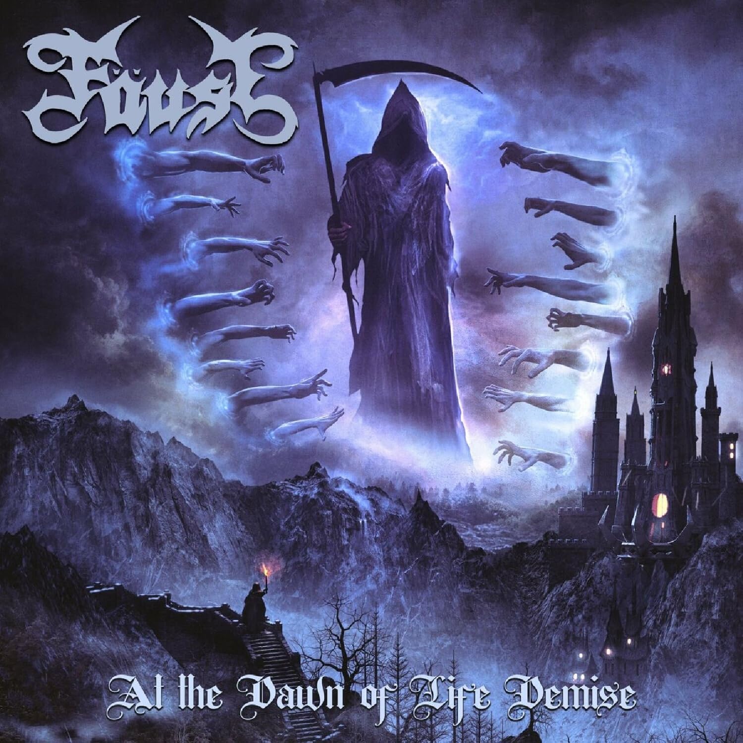 Faust album cover: Grim Reaper figure over a dark, gothic landscape.