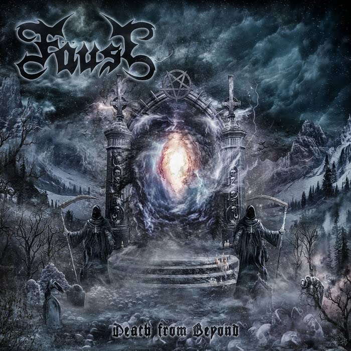 Faust album cover: gothic architecture, spectral figures, stormy sky, and band logo.