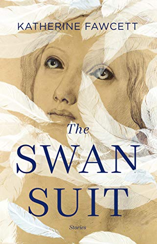 Book cover: woman’s face surrounded by white feathers, title “The Swan Suit”.