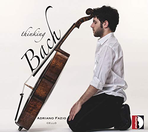 Man kneeling, holding a cello, on a white background with text "Thinking Bach".