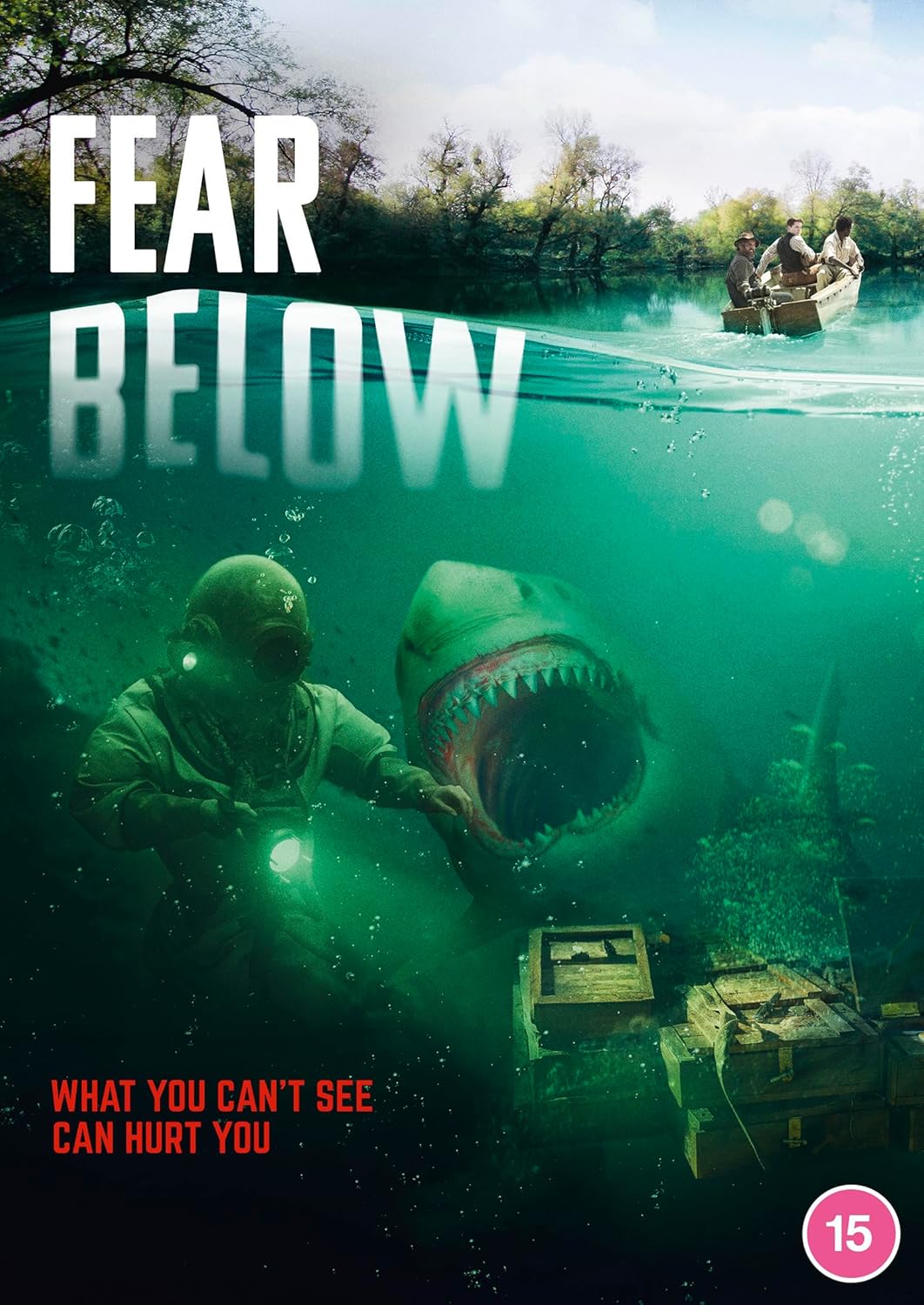 DVD cover for "Fear Below" depicting a diver, shark, and boat.
