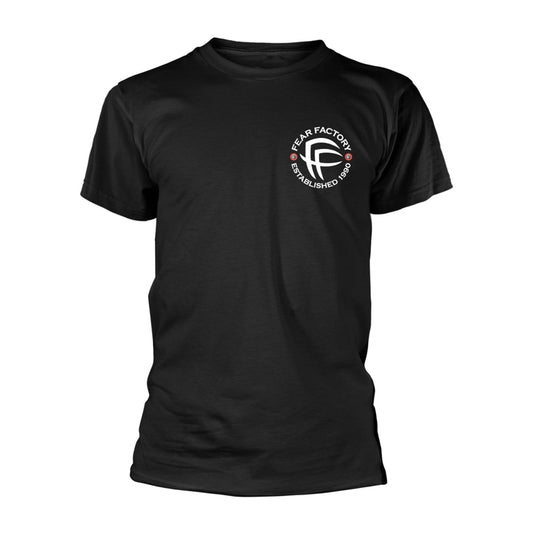Black t-shirt with a white circular "Fear Factory" logo on the chest.