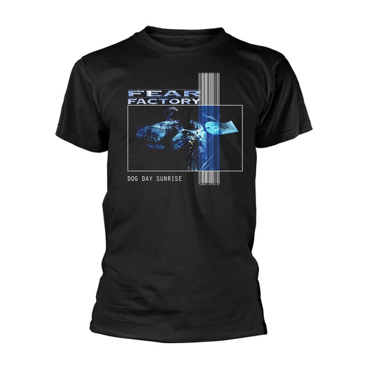 Black t-shirt with Fear Factory album art: a dog and sunrise image.