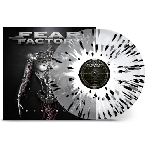 Fear Factory Genexus album cover and a clear vinyl disc with black paint splatters.