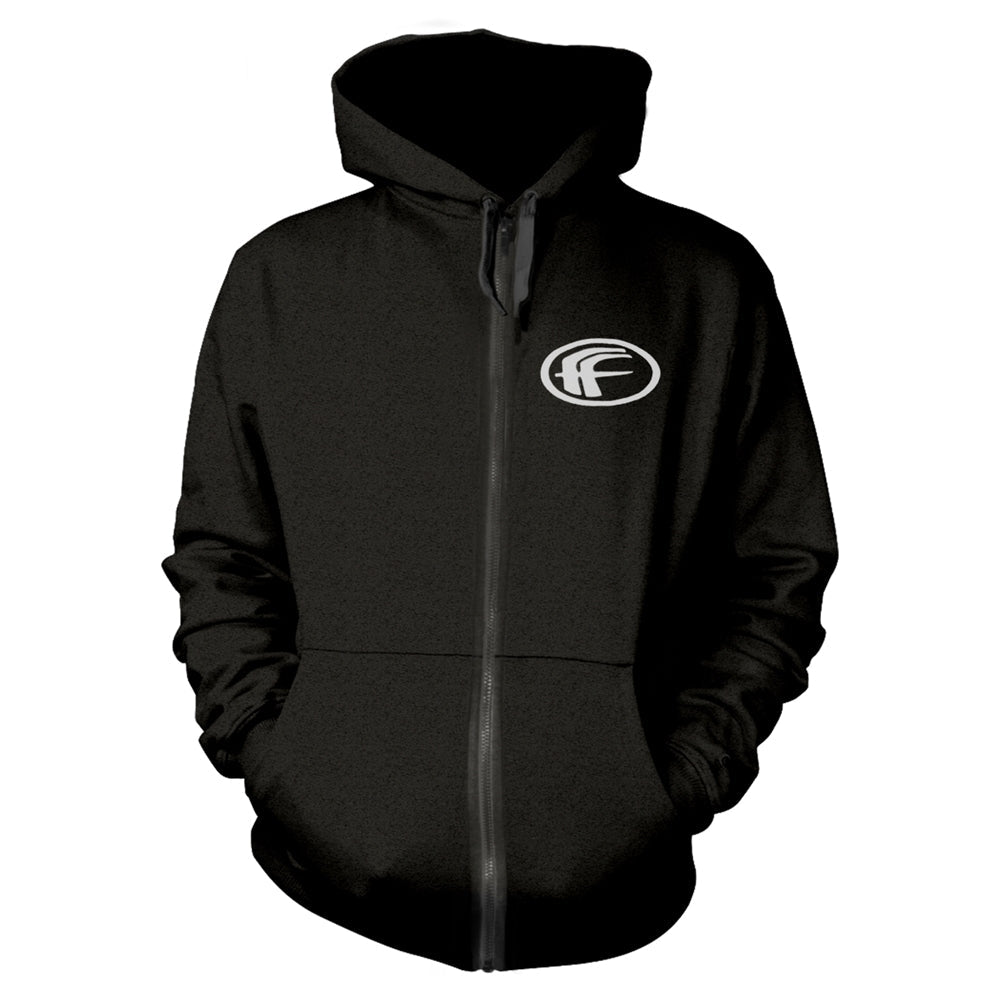 Black zip-up hoodie with white “F” logo on the chest.