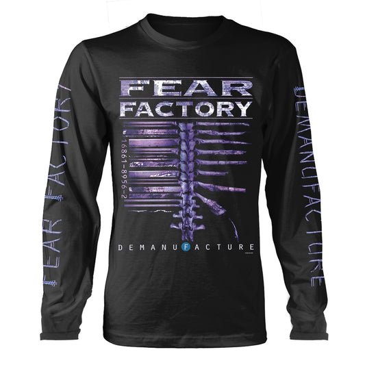 Black long sleeve shirt with Fear Factory band logo and spine graphic.