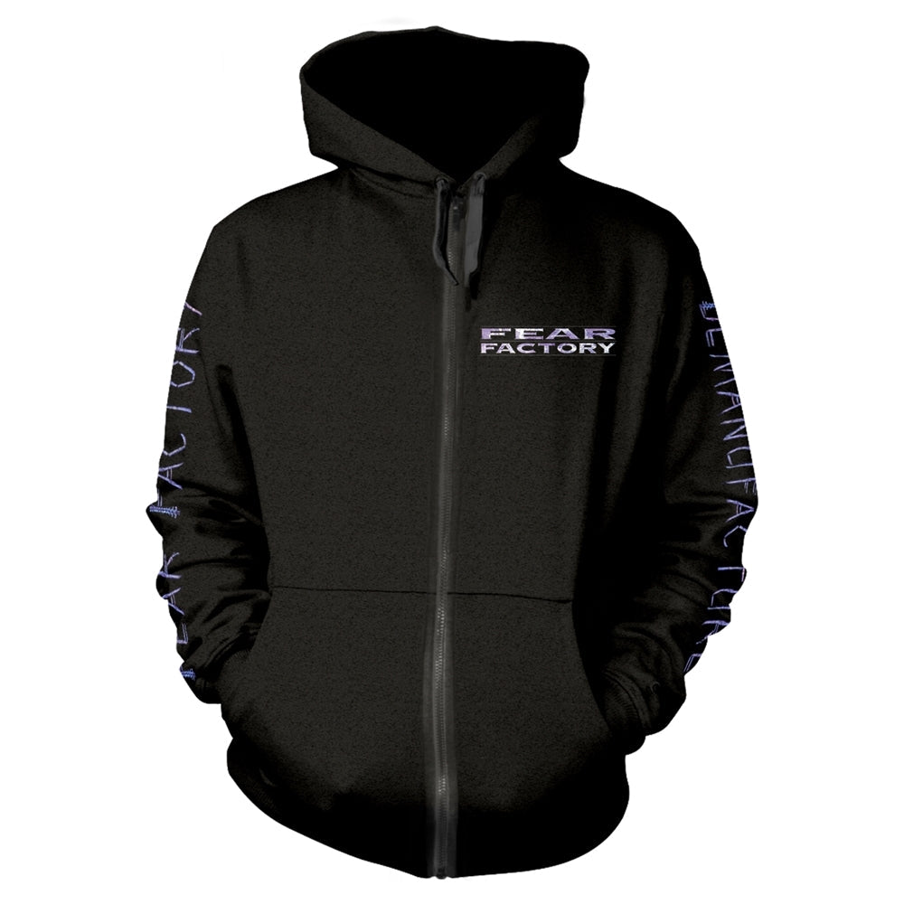 Black zip-up hoodie with "Fear Factory" and "Demanufacture" text logos.