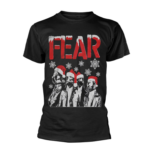 Black t-shirt with "FEAR" text and illustration of Santas in gas masks.
