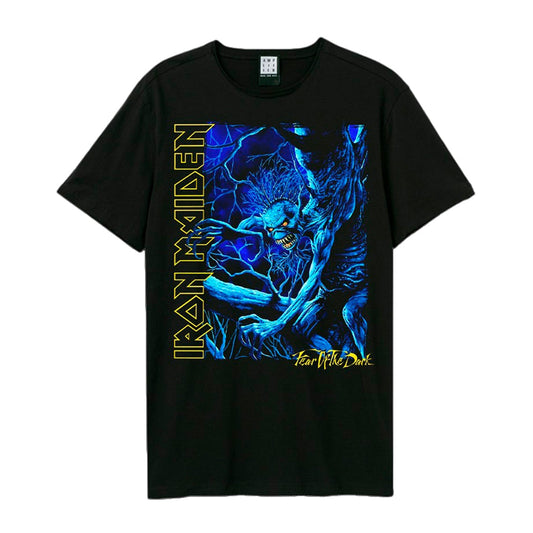 Black Iron Maiden t-shirt with blue monster and band logo design.