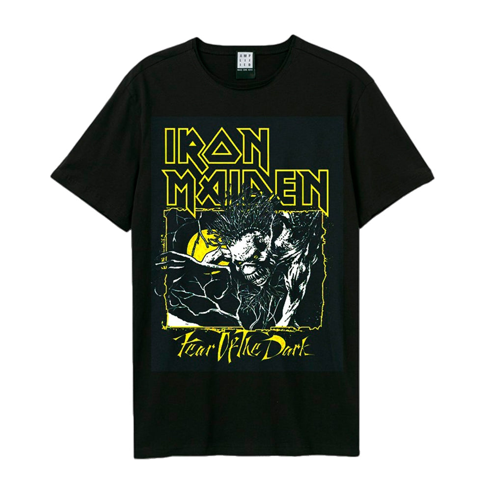 Black t-shirt with yellow and white Iron Maiden “Fear Of The Dark” graphic.