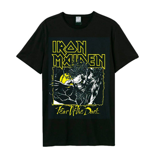 Black t-shirt with yellow and white Iron Maiden “Fear Of The Dark” graphic.
