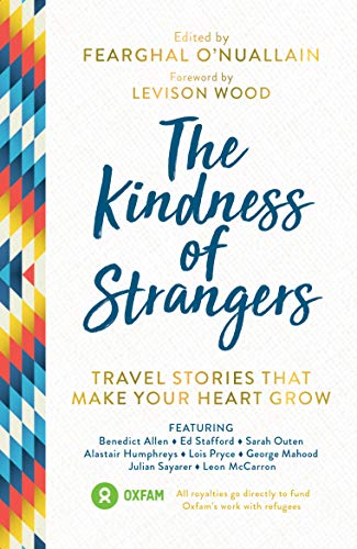 Book cover for The Kindness of Strangers with a colorful geometric pattern on the left.