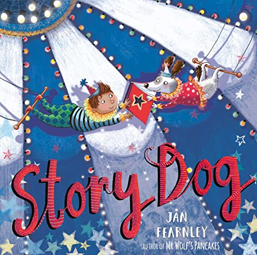 Colorful illustration of a boy, a dog, and a circus-themed book cover.