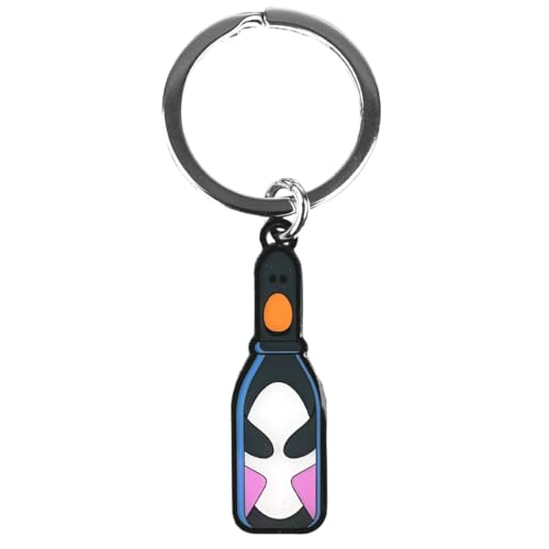 Metal keyring with a bottle-shaped charm featuring a stylized penguin design.