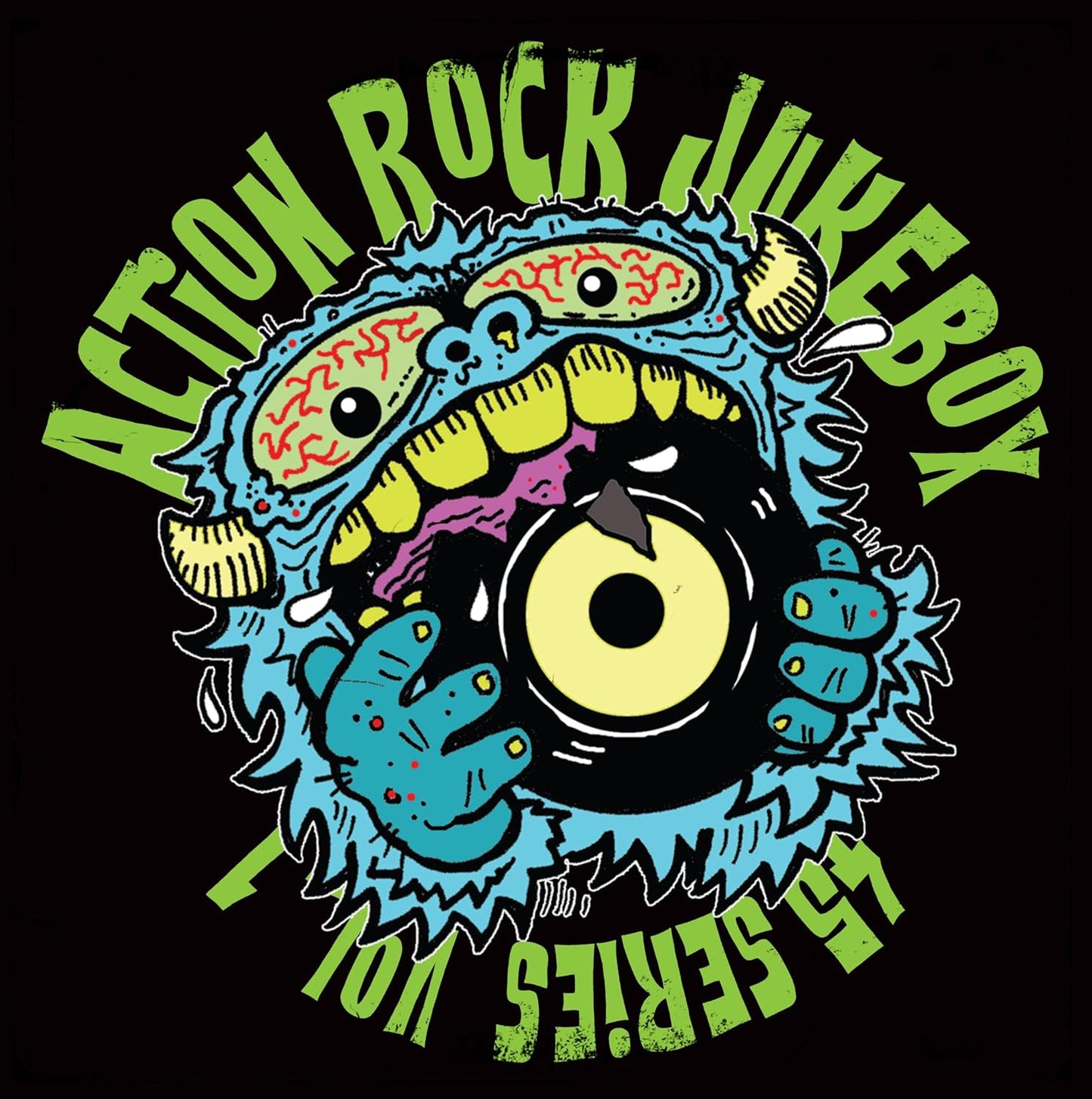 Blue monster face with open mouth and record center label.