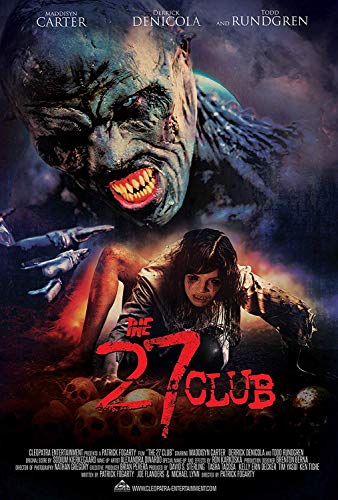 "Movie poster for 'The 27 Club' featuring a zombie-like creature and a frightened woman."