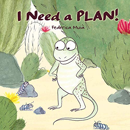 A cartoon lizard standing in a desert with cacti and small insects.