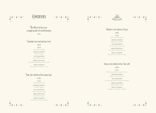 Book’s contents page with text listing chapters and small moon/star motifs.