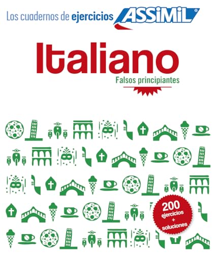 Italiano Falsos principiantes" textbook cover with green illustrations and 200 exercises.