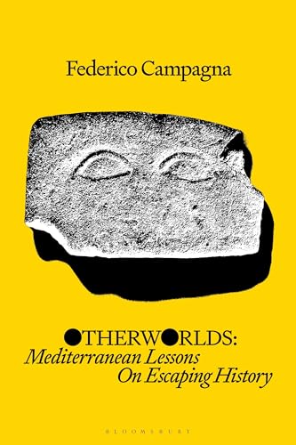 Book cover with a yellow background, a stone fragment with carved eyes, and text.