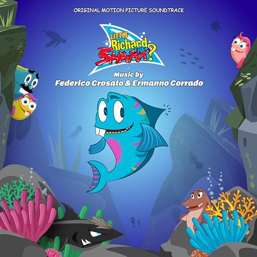 Cartoon shark with colorful sea creatures in a blue underwater scene.