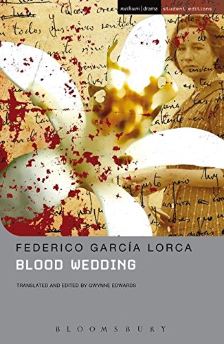 Book cover for Blood Wedding featuring a white flower with red splatters over handwriting.