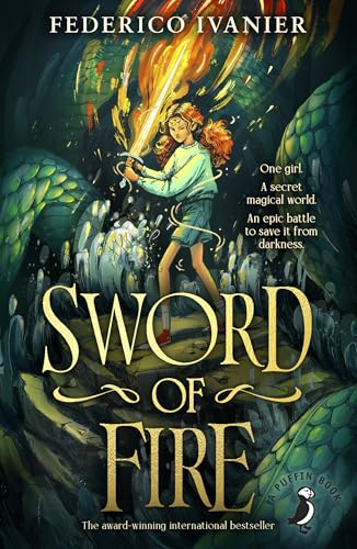 Book cover: girl with flaming sword surrounded by fantastical green creatures.