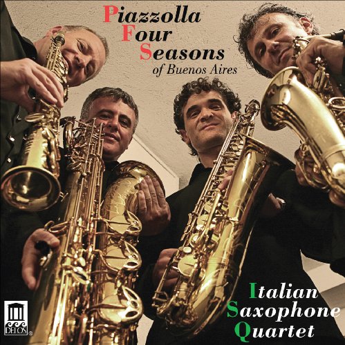 "CD cover featuring four men holding saxophones, titled 'Piazzolla Four Seasons of Buenos Aires'."