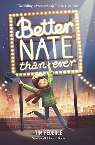 Book cover: boy leaping in front of a city skyline and marquee.