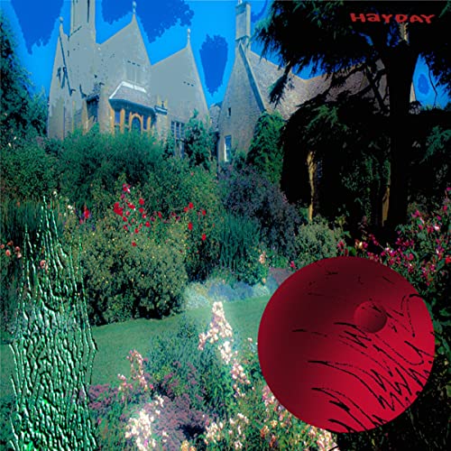 Collage of a castle, garden, trees, and a large red circle.