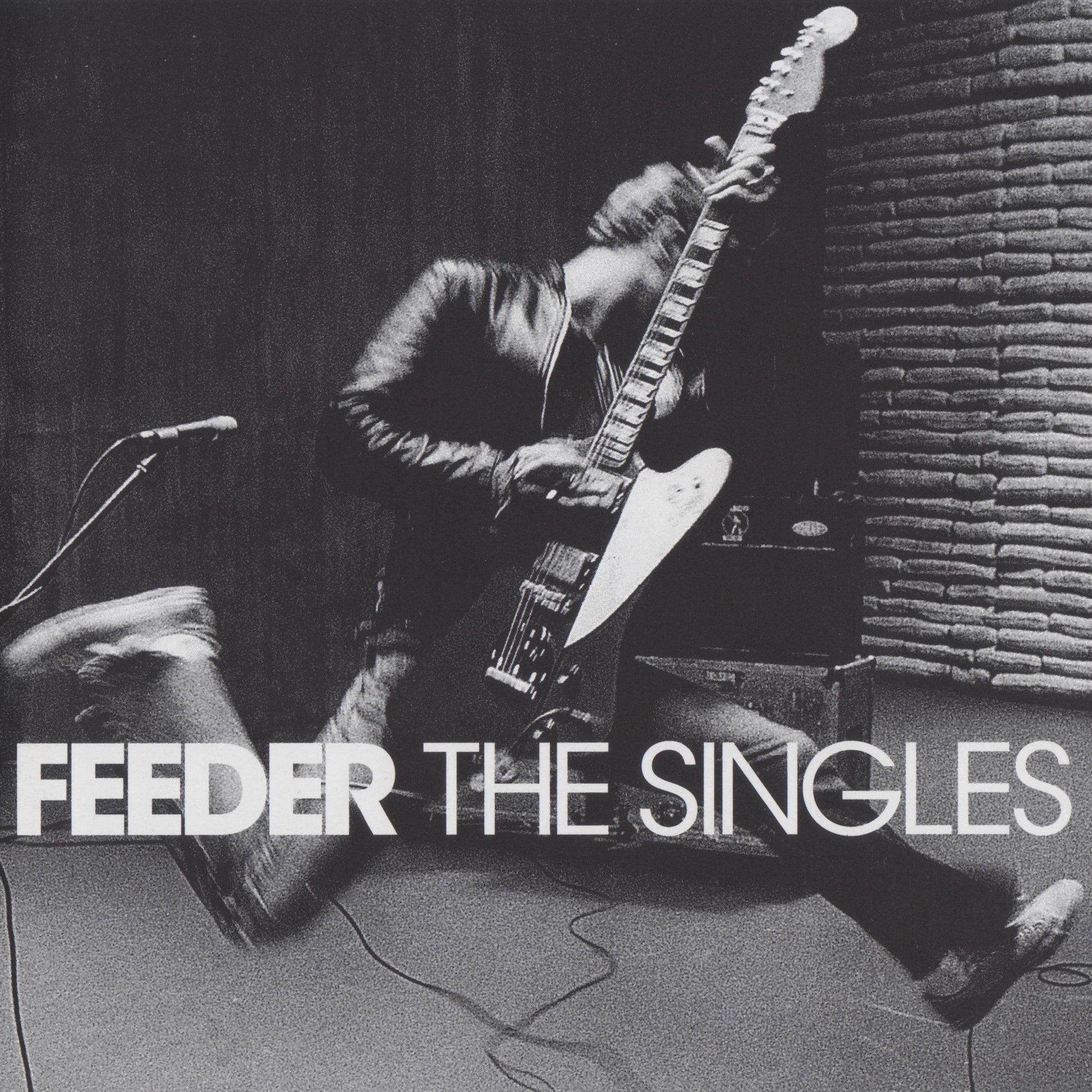 Black and white image of a guitarist performing with “Feeder The Singles” text.