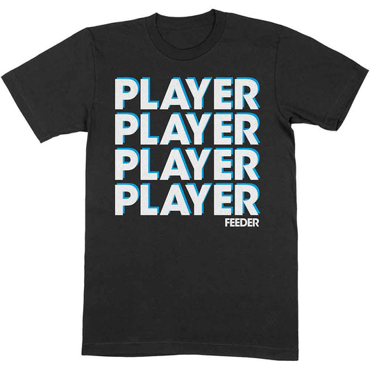 Black t-shirt with repeating blue "PLAYER" text and "FEEDER" logo.