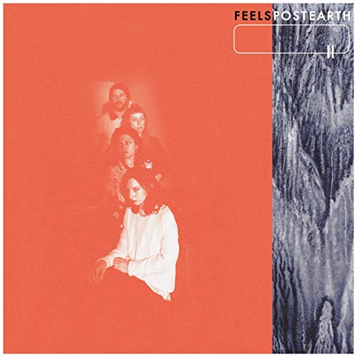 Red album cover with a group portrait and abstract blue texture.