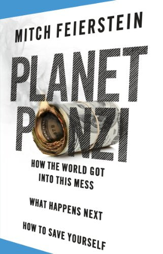 Book cover: "Planet Ponzi" with rolled money and bold text.