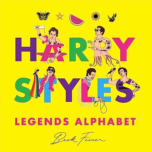 Yellow book cover with colorful text, illustrations of Harry Styles, and small icons.