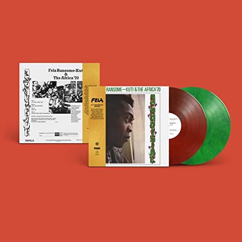 Fela Kuti vinyl record, album cover with portrait, and two LPs.