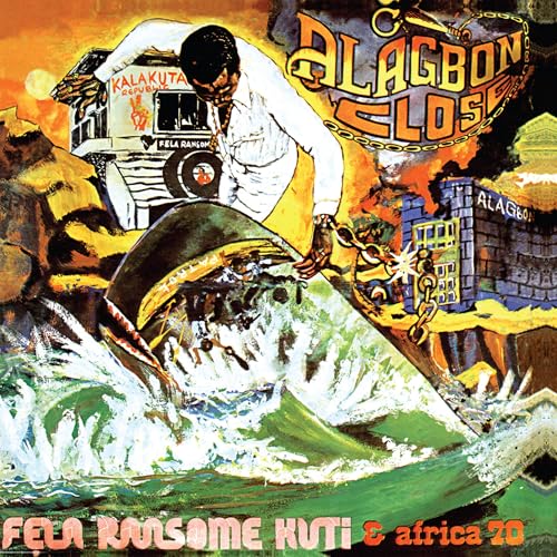 Album cover art featuring Fela Kuti, a prison building, and a crashing ocean wave.
