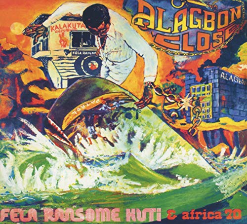 Fela Kuti album cover: man breaking chains amidst a turbulent, colorful sea.