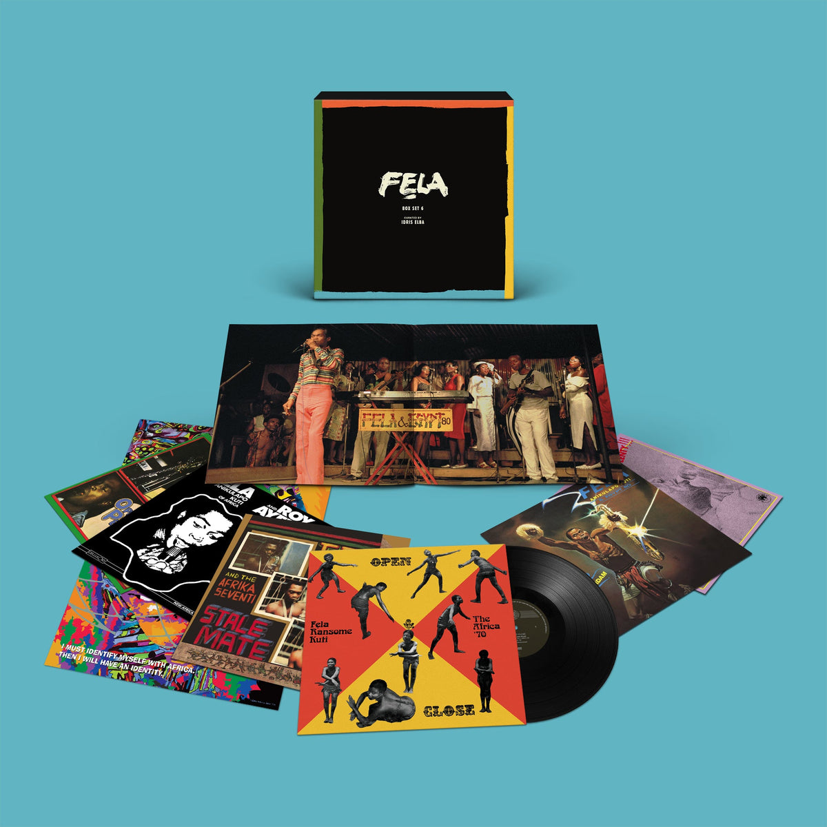 Fela Kuti vinyl box set with records and album artwork displayed.
